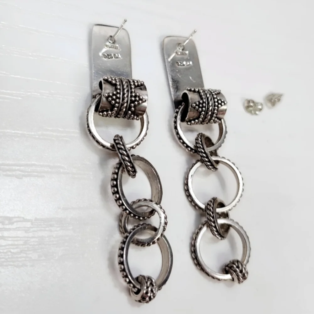 SUARTI Rare Vintage Sterling Silver 5 Ring Drop Dangle Earrings Post Back